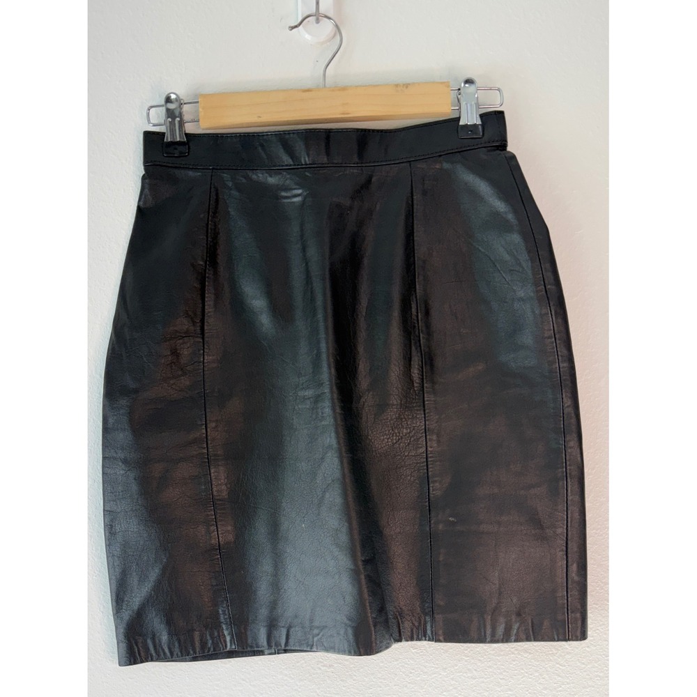 Vintage 90s I.O.U. Black Leather Mini Pencil Skirt Night Out Grunge Goth 9/10